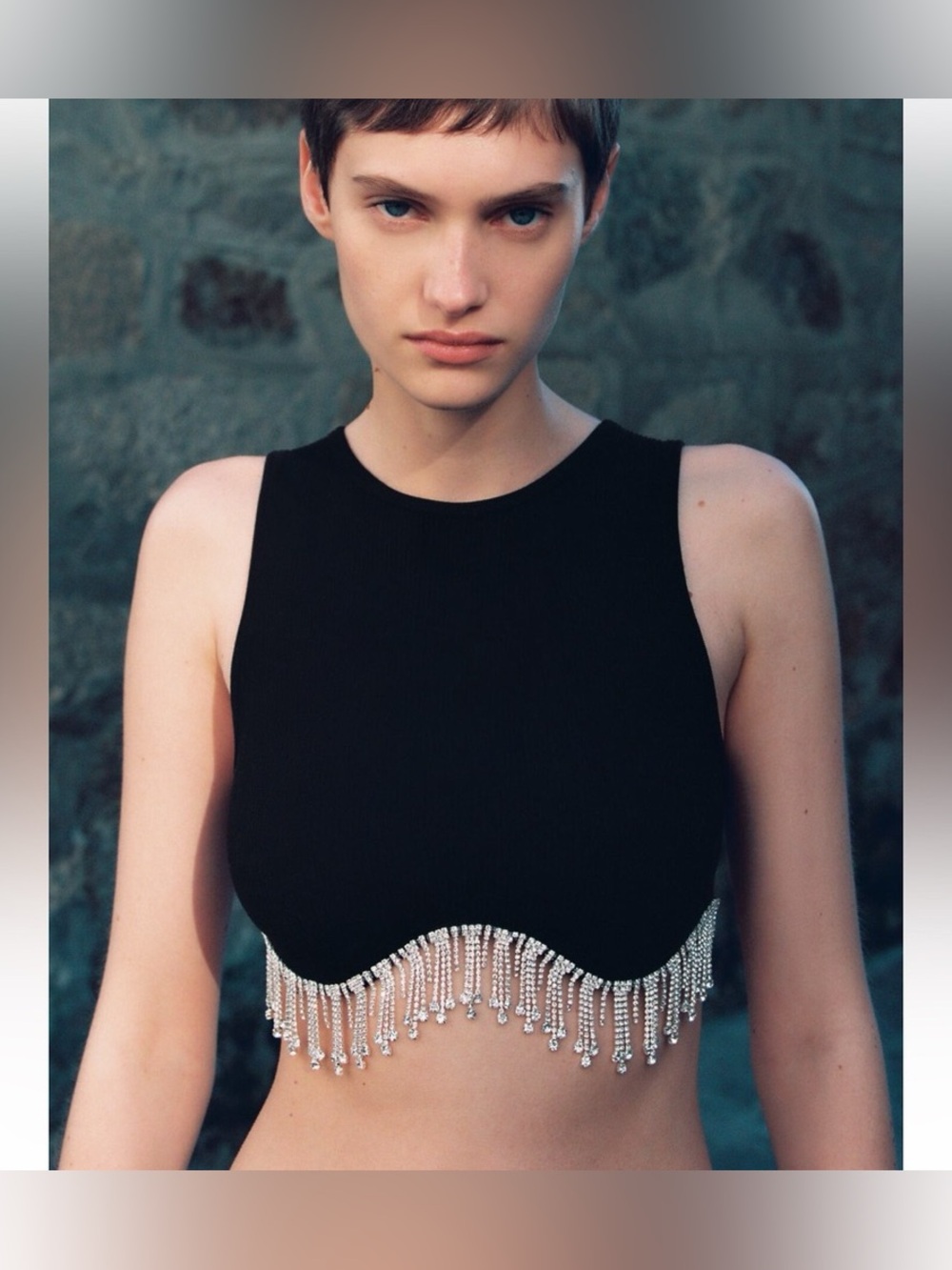 Black Ribbed Rhinestone Crop Top - Picture 5 of 5